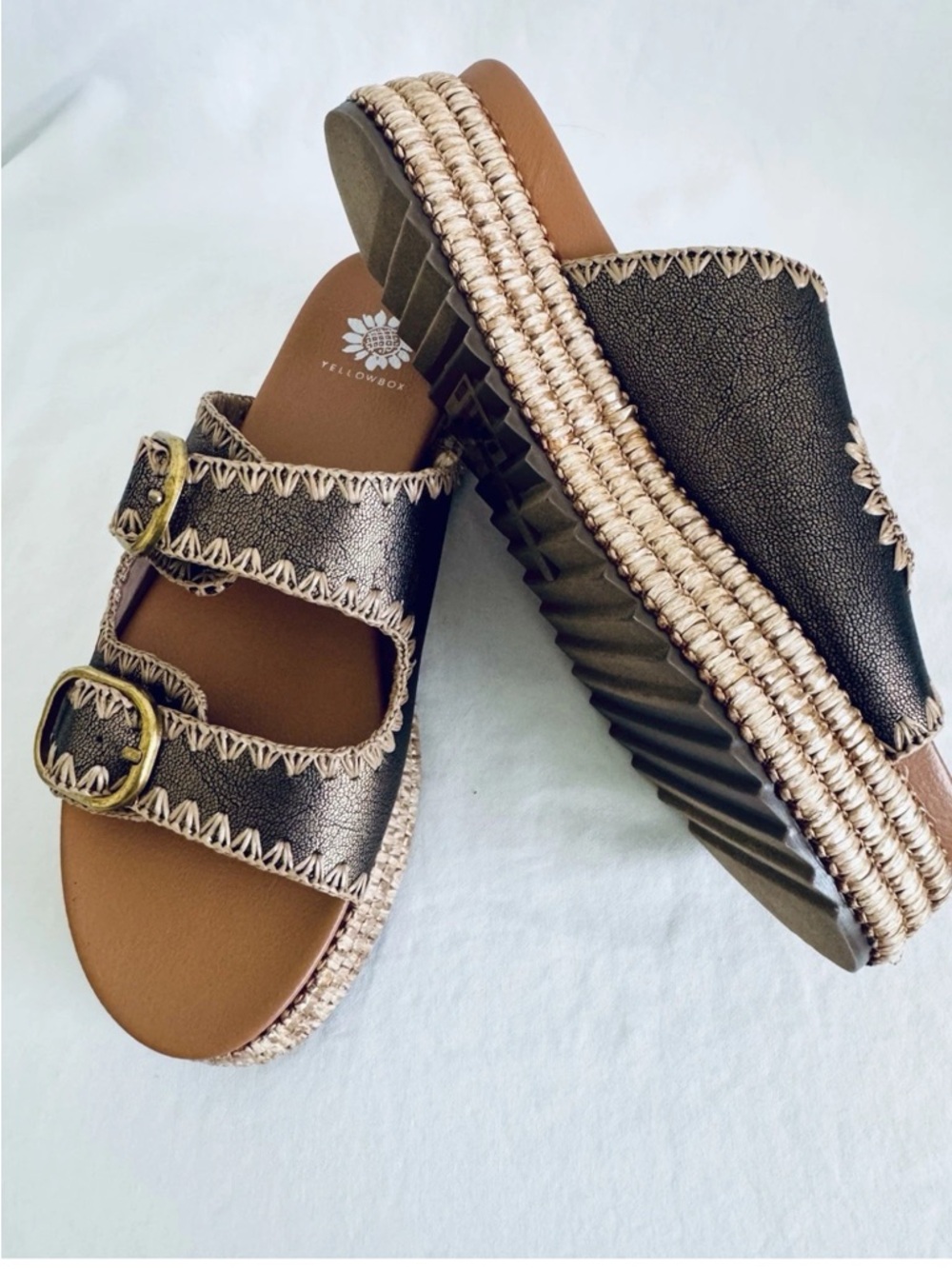 Yellow Box Herena Bronze Slide Platform Sandals Jute Trim Gold Buckles